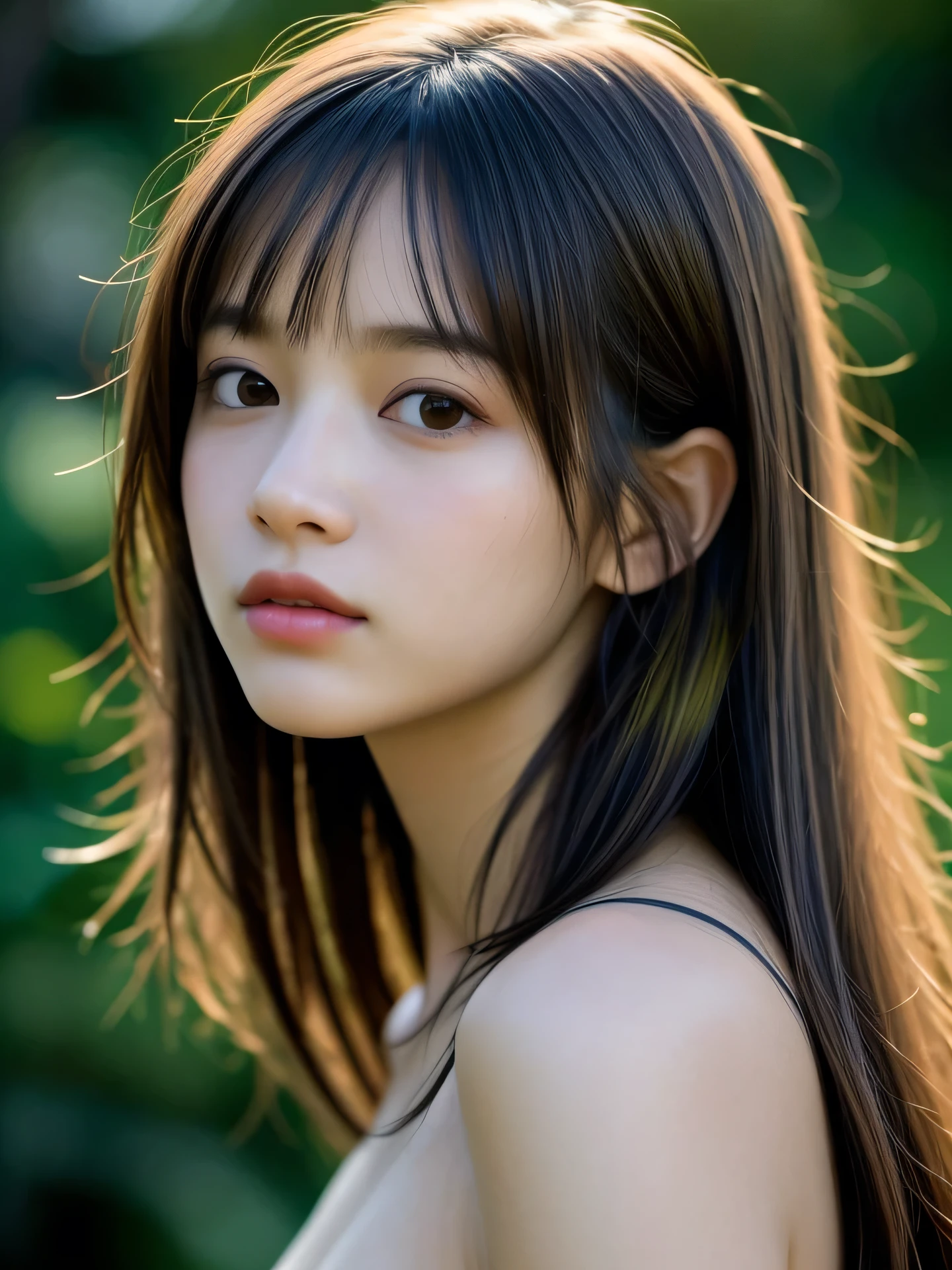 (Photo Real:1.4), (hyper realisitic:1.4), (Smooth lighting:1.05), 1 girl, teenager, happy, shy, looking away, Close-up of the face, Soft lighting, Back lighting, (Finest Real Textured Skins), Super fine face, glowy skin, retinas, Anatomically correct, (Wavy medium Hair:1.1), bangs, Textured skin, High quality, high details, Best Quality, High resolution,