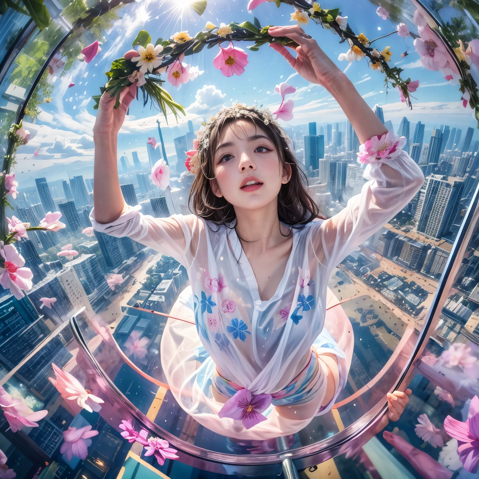 ExtremelyDetailed(ProfessionalPhoto of Girl Floating in the Sky:1.37), 280th floor infinity pool,The tallest building in the urban forest, {Around bonsai|Luo Han Song|coconut palms|tulips|Rose flower}, (Masterpiece 8K TopQuality:1.2), (ExtremelyDetailed KAWAII face Eyes:1.28)ElaboratePupils with (SparklingHighlights:1.28) DoubleEyelids with Voluminous LongEyelashes RosyCheeks BREAK Detailed impeccable Radiant PearlSkin with Transparency, Skinny(SchoolSwimwear:1.28) beautiful graceful {(HiddenHand)|((Corrected BabyLikeHand))} (Whole Body Proportions and all limbs are Anatomically Accurate), (FlowerWreath WrappedBody Flowers Covering girl's body Full of Flowers){Dazzling RainbowColorHorizon|ColorfulSky|ColorfulClouds|Starly Stars}(extra limbs:-1.4)