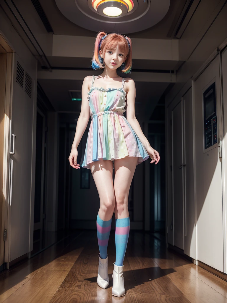Cute redhead, gravure Idol, with rainbow colored hair tips, ribbons in her hair, 18-year-old woman, happy, in twin tails, perfect symmetrical eyes, clear sparkling blue eyes, pale skin, silky smooth skin, standing on a fancy luxurious space ship, large futuristic corridor, control panels, wood trim, decorative plants, warm lighting, wearing a futuristic dress, pleated (chemise) mini dress (pastel rainbow colors, and polka dots), wearing full body pantyhose, cute short cut booties.