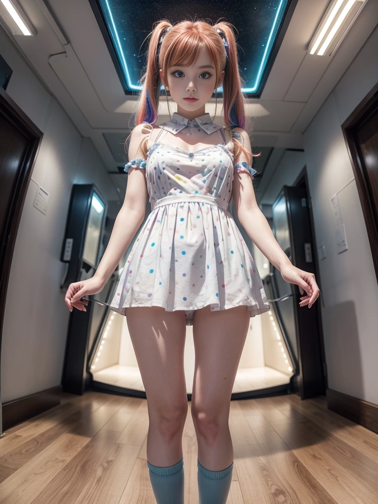 Cute redhead, gravure Idol, with rainbow colored hair tips, ribbons in her hair, 18-year-old woman, happy, in twin tails, perfect symmetrical eyes, clear sparkling blue eyes, pale skin, silky smooth skin, standing on a fancy luxurious space ship, large futuristic corridor, control panels, wood trim, decorative plants, warm lighting, wearing a futuristic dress, pleated (chemise) mini dress (pastel rainbow colors, and polka dots), wearing full body pantyhose, cute short cut booties.