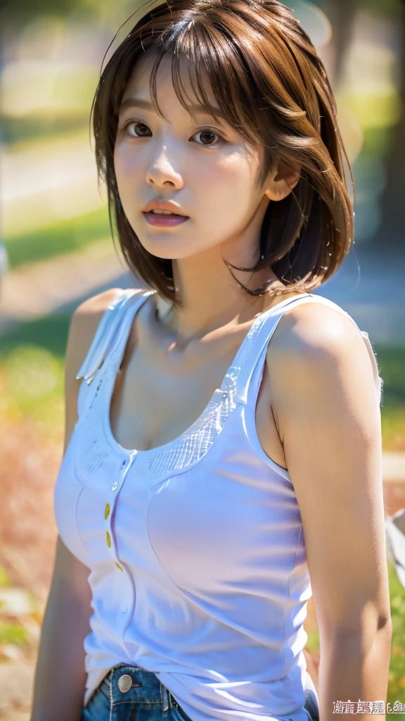 Highest quality, Realistic, Very detailed, finely, High resolution, 8k wallpaper, Professional, High level of detail, ((18-year-old girl:1.2)), Slender Japanese women,Pretty lips, (Beautiful long eyelashes:1.2)、Collarbone Detail, Perfect Face, (Cute mid-length bob hair:1.5),Highest quality，Ultra-clear resolution，Clear Eyes，White skin，Perfect big breasts，have perfect legs，(White sleeveless:1.5)、(attractive, Fascinating face:1.5)、(Sexy pose in the park:1.5)、