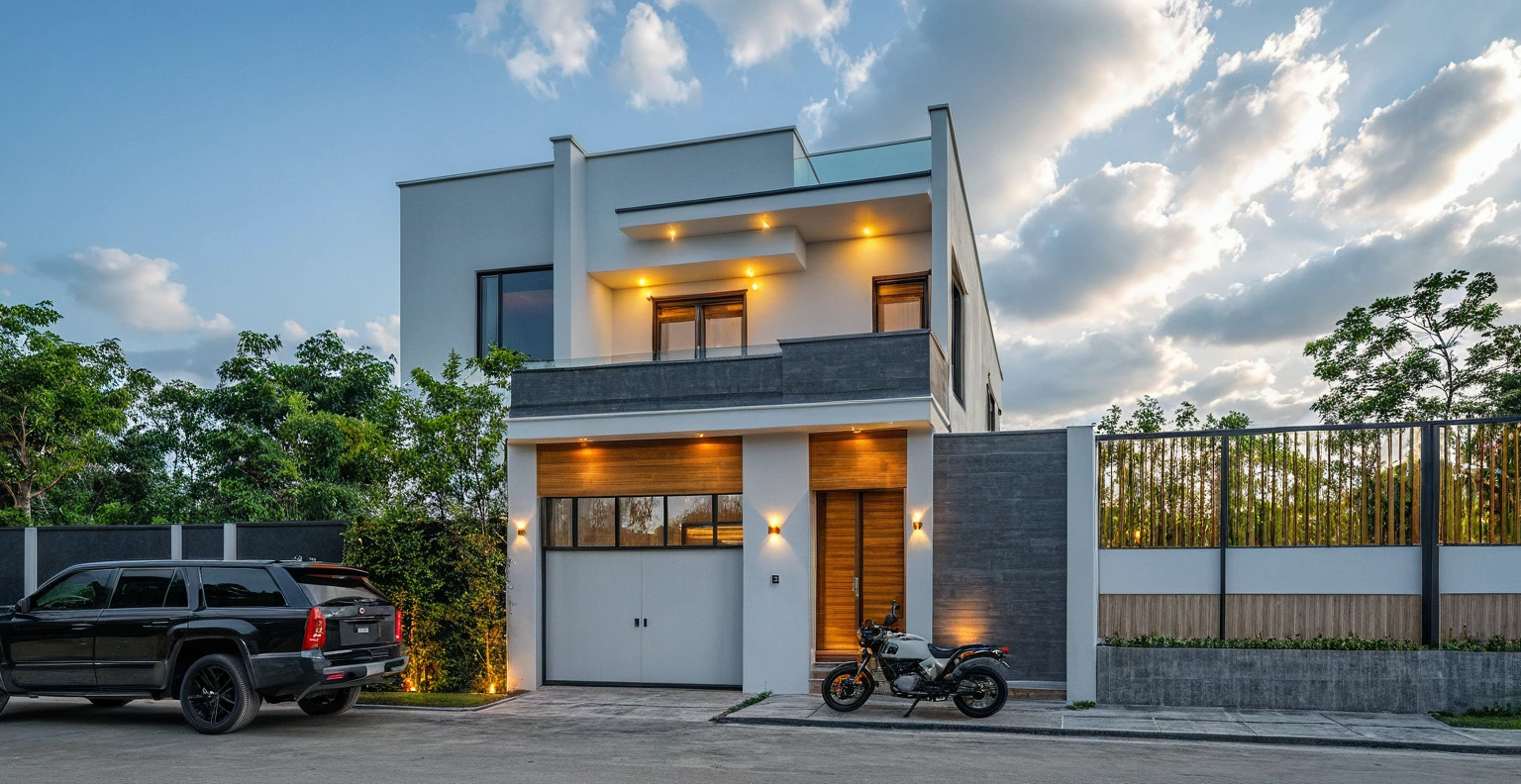Raw photo, Masterpiece, high quality, best quality, authentic, super detail, outdoors, onestoreyvillaXL, aiaigroup, house style modern on the street ,stairs, white wall ,road,pavement, grass, trees, sky, cloud, (daylight:1.1)