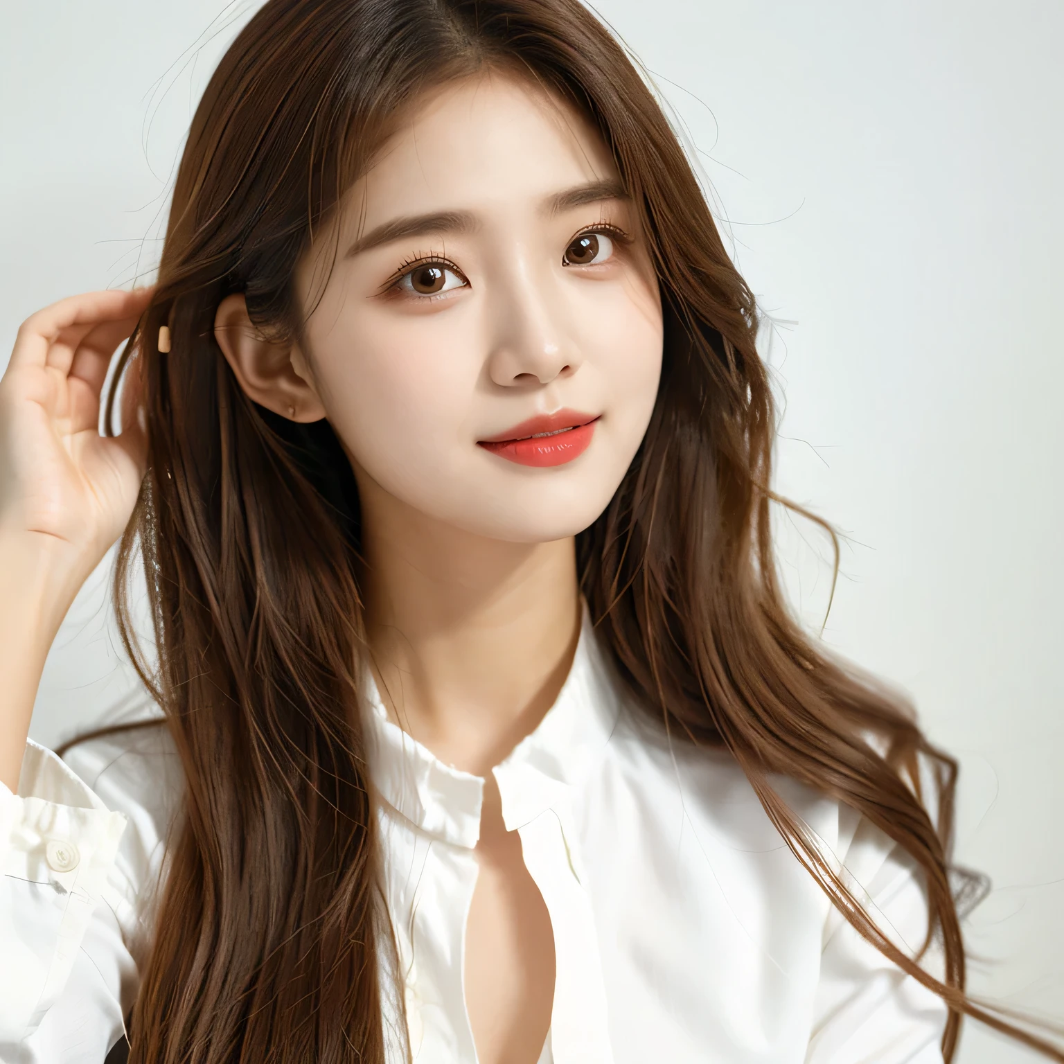 araffe asian woman with long brown hair wearing a white shirt, gorgeous young korean woman, beautiful young korean woman, young adorable korean face, beautiful south korean woman, portrait of female korean idol, female actress from korea, jaeyeon nam, popular korean makeup, popular south korean makeup, jinyoung shin, cute korean actress, korean girl, tzuyu from twice
