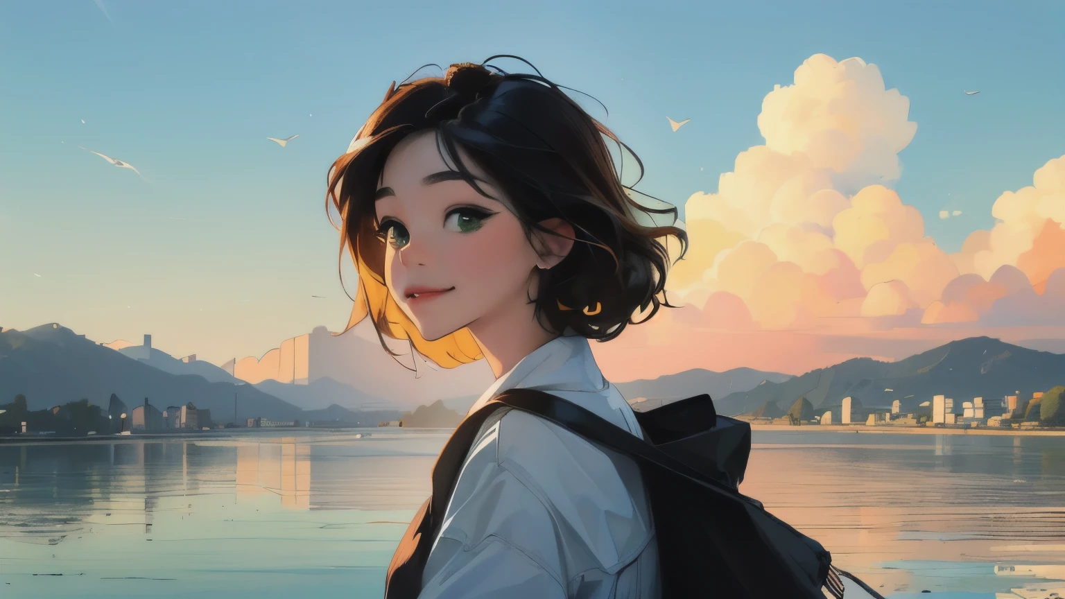((masterpiece)),(((bestquality))),((ultra-detailed)) realisticlying, 1 girl, Beautiful, black hair, happy, solo, The sky morning, looking to viewer, soft green, city, lake.