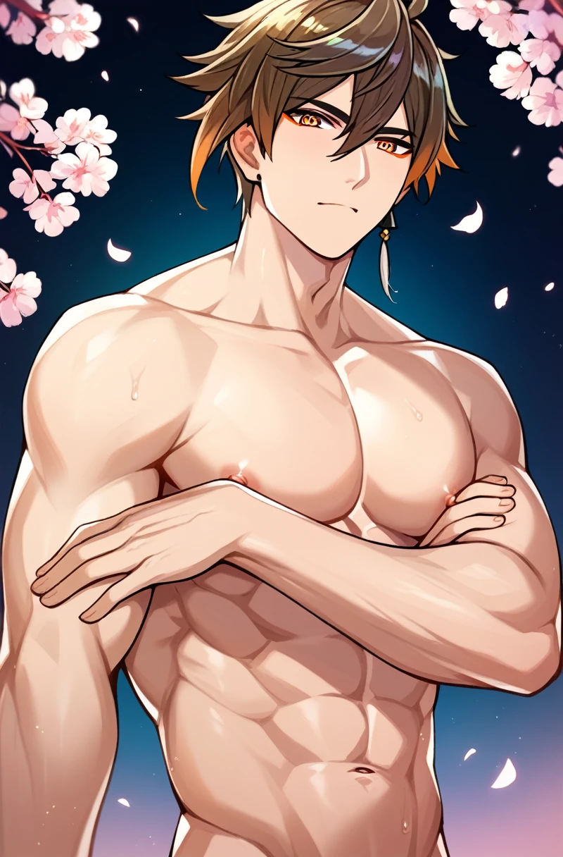 score_9, score_8_up, score_7_up, score_6_up, score_5_up, score_4_up intricate_details_xl, cherry blossoms, simple background, dark theme, gradient background zhongli, brown hair, orange hair, gradient hair, crossed arms, (pout:0.9), light frown, nude man, clothless, penis, full-height, big muscles, dripping cum