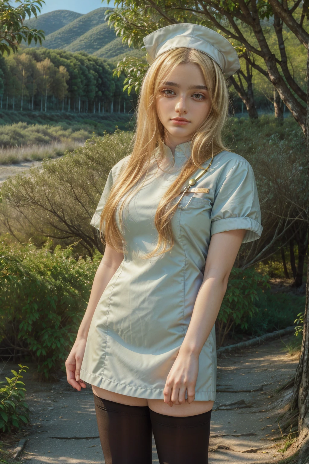 1 girl, best quality, ((Miyo)), tarankaaa, perfect face, beautiful smile, 30 years old, ((nurse attire, nurse cap, thighhighs, gold blonde hair)), ((perfectly drawn hands)), perfect body, bare tree, bush, forest, grass, nature, outdoors, plant, scenery, solo, standing, tree, 32k photograph, ((perfect eyes, detailed eyes,realistic eyes)), ((sharp face, detailed face, realistic face, natural skin, realistic skin, detailed skin, pores)), full body, tone mapping, asian-european, ((masterpiece)), ((highres)), ((detailed background)), japanese village background, midday, big proportions,