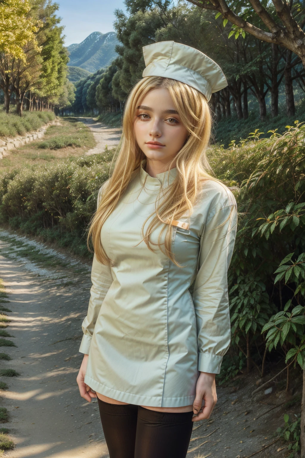 1 girl, best quality, ((Miyo)), tarankaaa, perfect face, beautiful smile, 30 years old, ((nurse attire, nurse cap, thighhighs, gold blonde hair)), ((perfectly drawn hands)), perfect body, bare tree, bush, forest, grass, nature, outdoors, plant, scenery, solo, standing, tree, 32k photograph, ((perfect eyes, detailed eyes,realistic eyes)), ((sharp face, detailed face, realistic face, natural skin, realistic skin, detailed skin, pores)), full body, tone mapping, asian-european, ((masterpiece)), ((highres)), ((detailed background)), japanese village background, midday, big proportions,