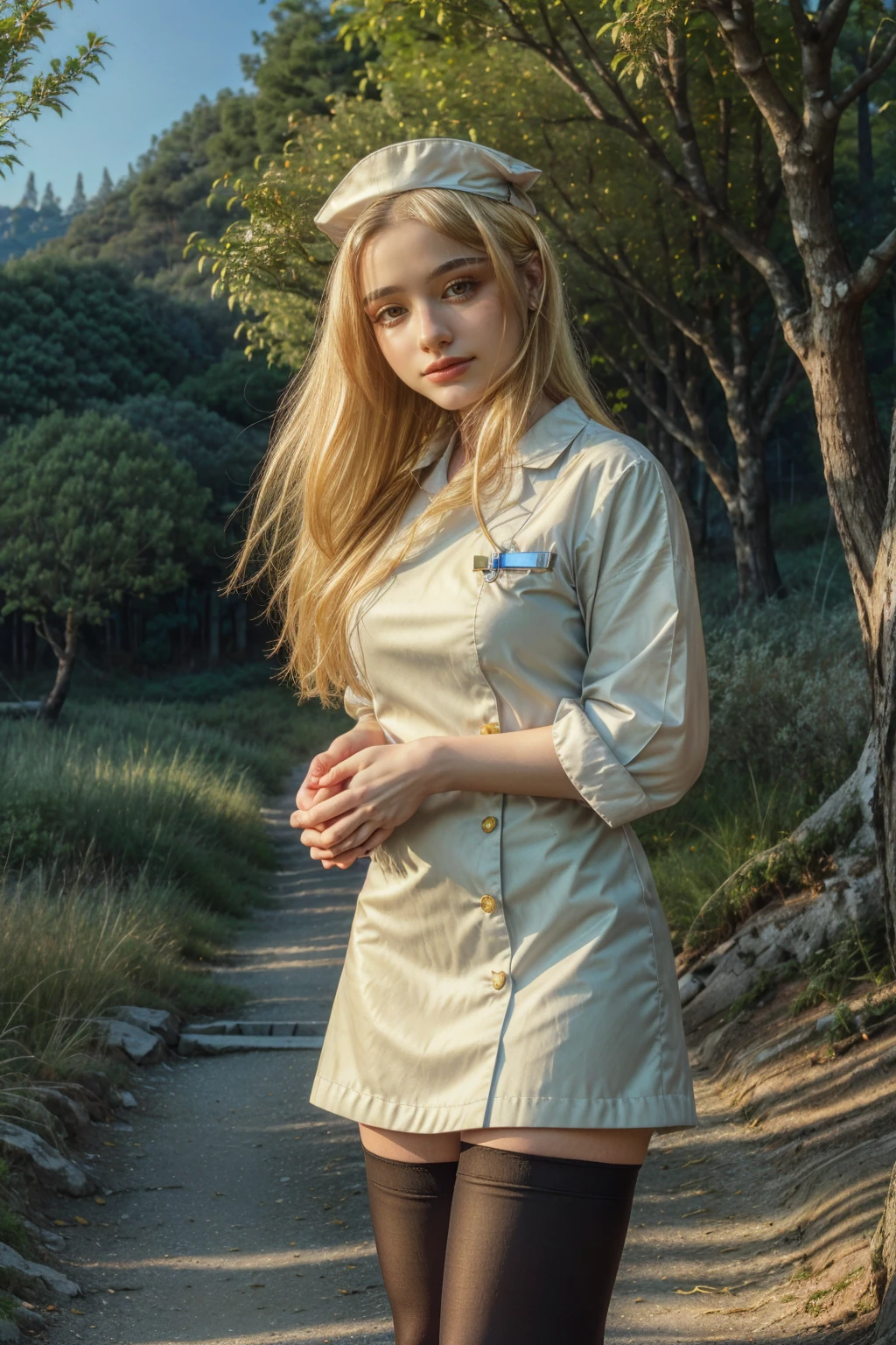 1 girl, best quality, ((Miyo)), tarankaaa, perfect face, beautiful smile, 30 years old, ((nurse attire, nurse cap, thighhighs, gold blonde hair)), ((perfectly drawn hands)), perfect body, bare tree, bush, forest, grass, nature, outdoors, plant, scenery, solo, standing, tree, 32k photograph, ((perfect eyes, detailed eyes,realistic eyes)), ((sharp face, detailed face, realistic face, natural skin, realistic skin, detailed skin, pores)), full body, tone mapping, asian-european, ((masterpiece)), ((highres)), ((detailed background)), japanese village background, midday, big proportions,