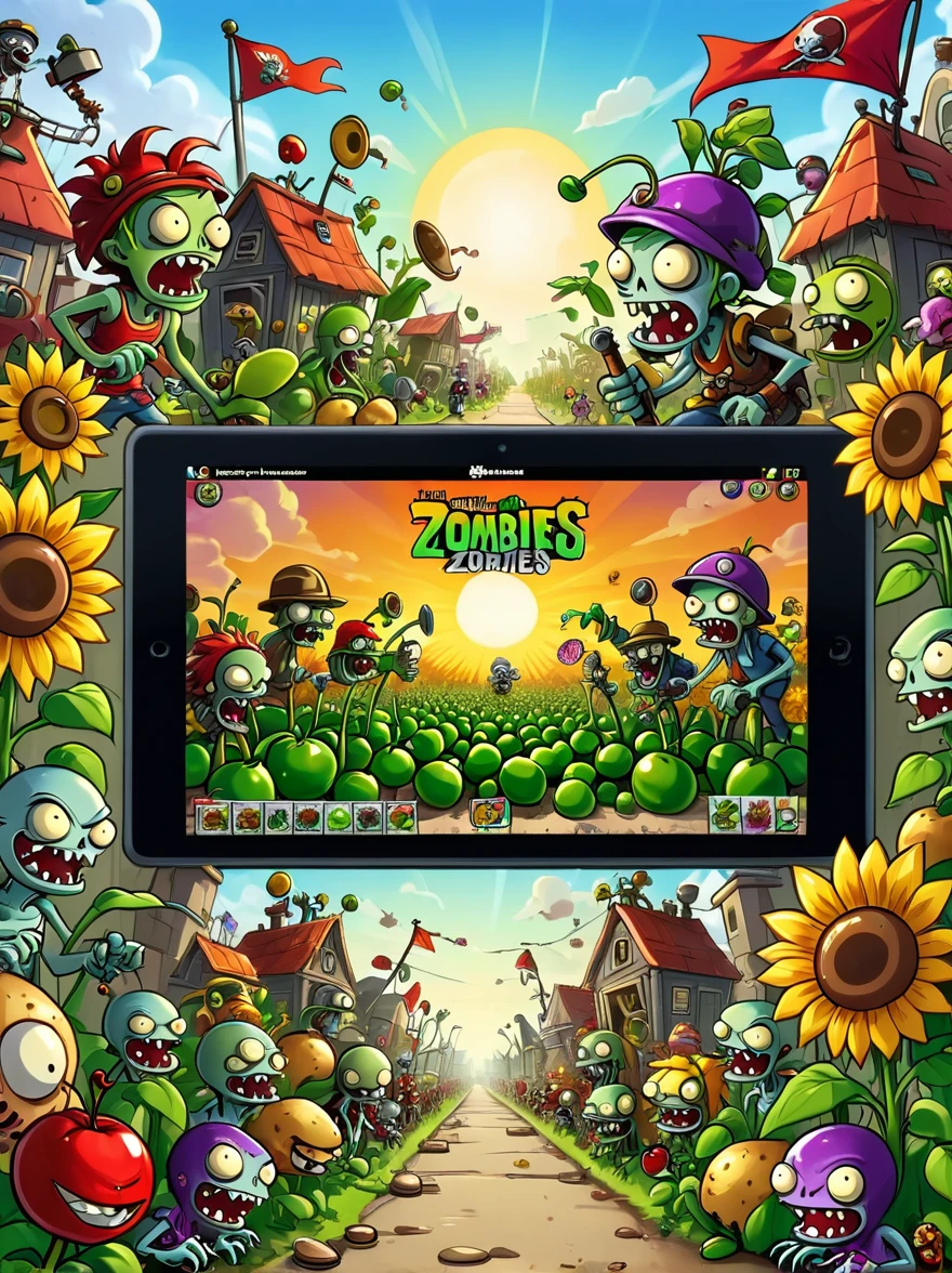 A screen shot showing a gaming video on the popular video-sharing platform,The game being played is a vivid fictional action-adventure game Plants vs. Zombies,The setting is a detailed fantasy world filled with all kinds of weird plants and zombies,Pea shooter,Potato mines,sunflower,(Cherry Bomb),Chomper,(Gatling Pea),Flag zombies,Exaggerated art illustration