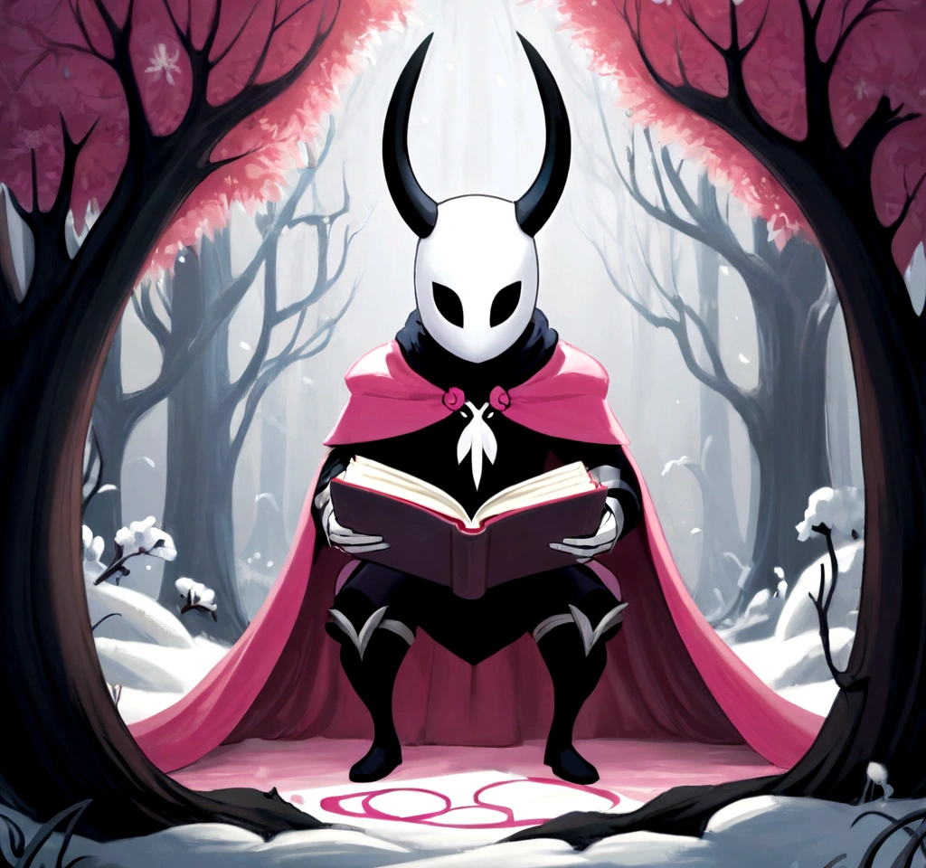 The ground is covered with snow, the location is a large cave in which there is a stretched torn tent, in which sits a hollow knight from the game Hollow Knight, he has a white helmet with horns, a sword on his back and he is dressed in armor made of foliage, reading a book by the fire, the atmosphere is mysterious, the colors are dark and there are shades of pink, the highest quality, 4k, 8k, high resolution, masterpiece: 1.2, super detailed, realistic: 1.37,