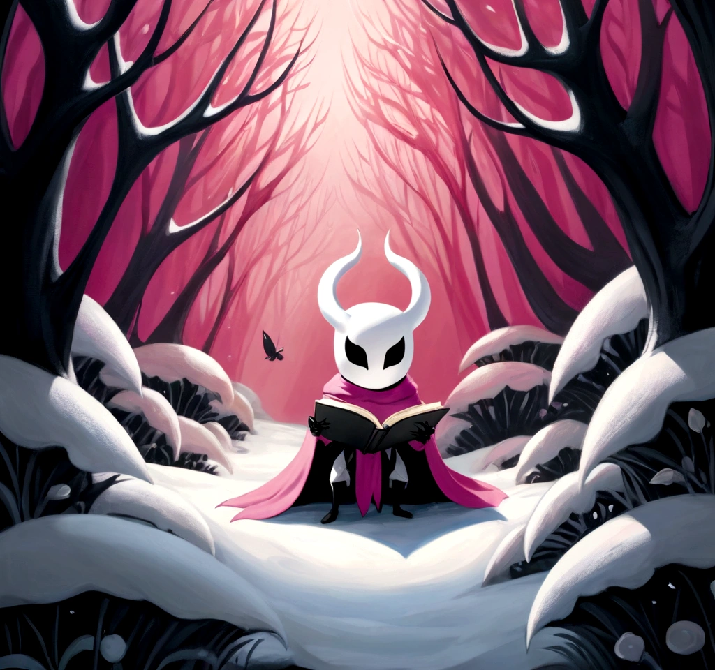 The ground is covered with snow, the location is a large cave in which there is a stretched torn tent, in which sits a hollow knight from the game Hollow Knight, he has a white helmet with horns, a sword on his back and he is dressed in armor made of foliage, reading a book by the fire, the atmosphere is mysterious, the colors are dark and there are shades of pink, the highest quality, 4k, 8k, high resolution, masterpiece: 1.2, super detailed, realistic: 1.37,