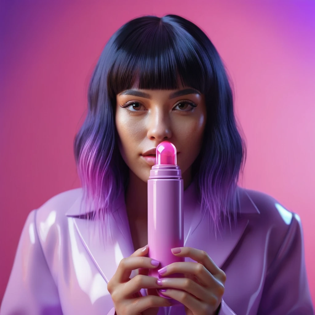 smartphone in her hand, blackhair female hands holding dildo to her face, that is glowing with pink and purple colours, dripping wet, closeup macro photo, minimalistic, in a light purple and pink style, with soft edges and blurred details, in the toycore style, with a 3D render, on a colorful background, with a minimalist stage design, in a surreal style, with a cinema4D rendering, with a minimalist style, with low saturation, using gradient colors, with a cinema4D rendering, with a blender rendering, with super detail, at a super high resolution, at a super high definition
