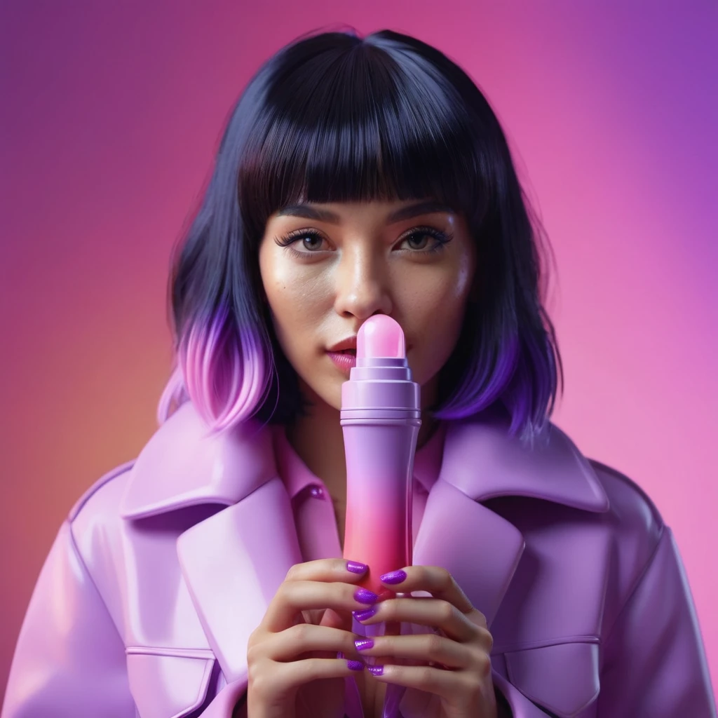 smartphone in her hand, blackhair female hands holding dildo to her face, that is glowing with pink and purple colours, dripping wet, closeup macro photo, minimalistic, in a light purple and pink style, with soft edges and blurred details, in the toycore style, with a 3D render, on a colorful background, with a minimalist stage design, in a surreal style, with a cinema4D rendering, with a minimalist style, with low saturation, using gradient colors, with a cinema4D rendering, with a blender rendering, with super detail, at a super high resolution, at a super high definition
