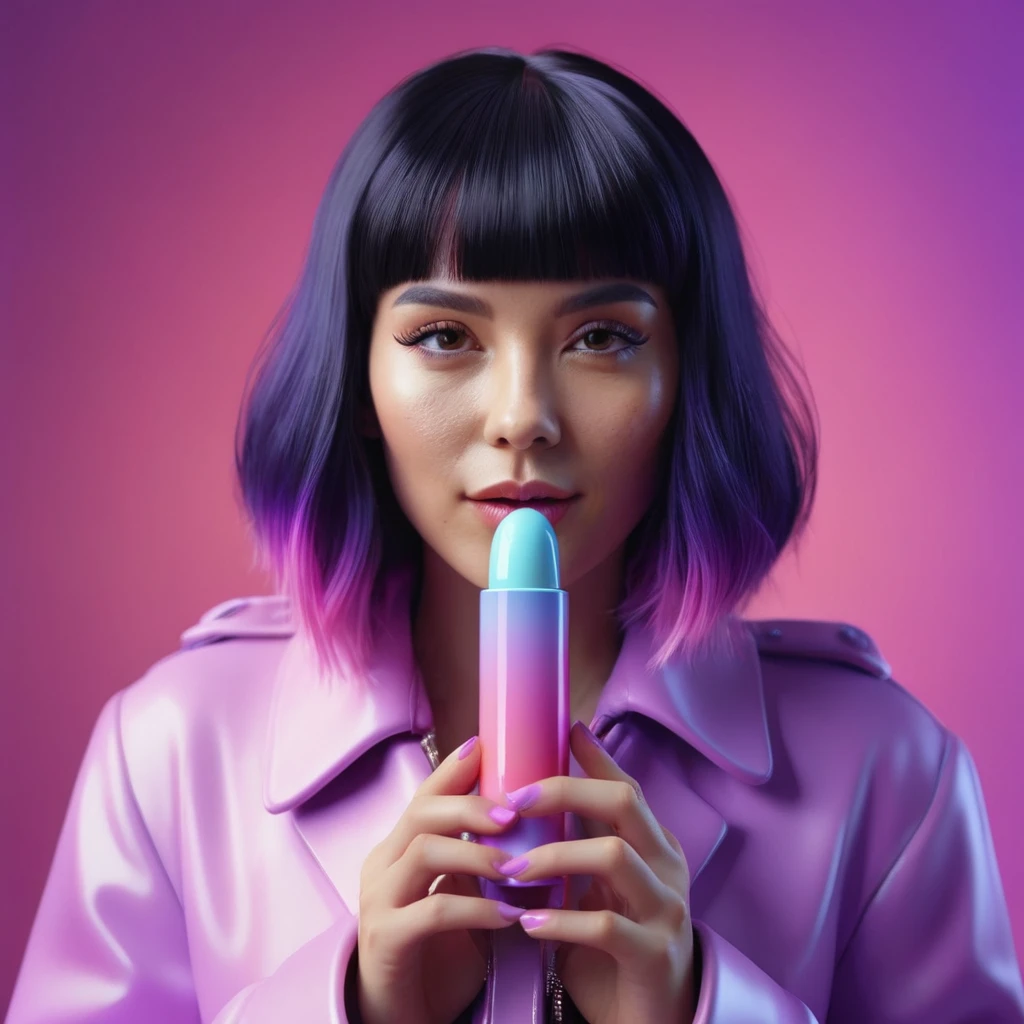 smartphone in her hand, blackhair female hands holding dildo to her face, that is glowing with pink and purple colours, dripping wet, closeup macro photo, minimalistic, in a light purple and pink style, with soft edges and blurred details, in the toycore style, with a 3D render, on a colorful background, with a minimalist stage design, in a surreal style, with a cinema4D rendering, with a minimalist style, with low saturation, using gradient colors, with a cinema4D rendering, with a blender rendering, with super detail, at a super high resolution, at a super high definition