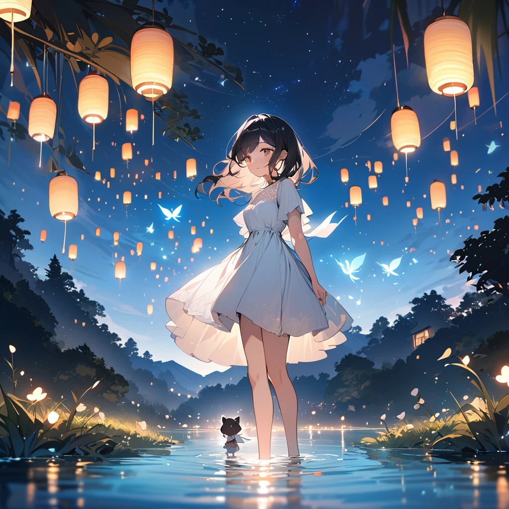 (masterpiece:1.5), best quality, very aesthetic, absurdres, anime style, 1girl, female, , long black hair, hair gently blowing in the wind, calm and serene expression, white dress, standing by the lakeside, looking at the full moon reflected in the water, small fairy, glowing and flying around, smiling, flying near the girl's feet, tranquil lakeside, dense green trees, starry night sky, full moonlight reflecting on the lake, mystical and dreamlike scene, sharp focus on subjects, soft light and shadows, enchanting atmosphere, vivid colors, floating lanterns, bioluminescent plants, random twinkling lights, unexpected animal silhouettes in the background