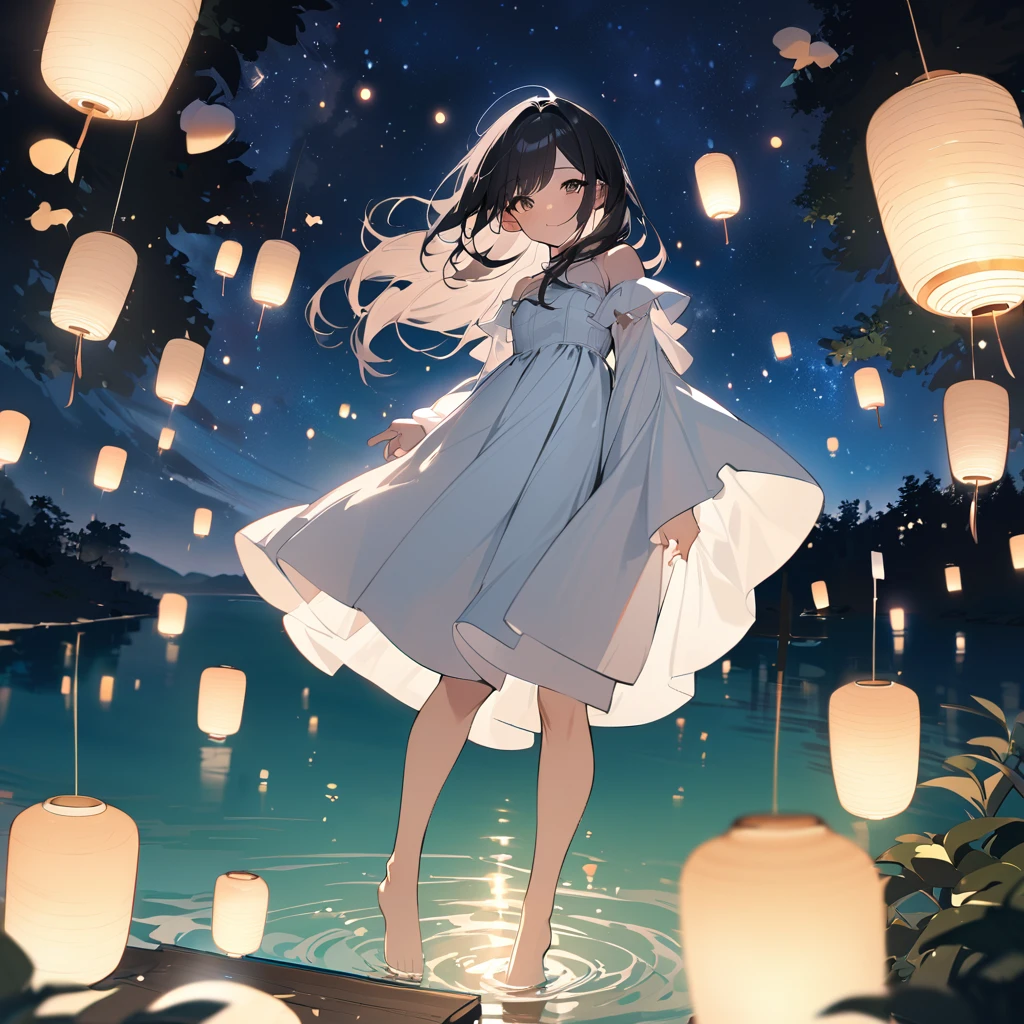 (masterpiece:1.5), best quality, very aesthetic, absurdres, anime style, 1girl, female, 17 years old, long black hair, hair gently blowing in the wind, calm and serene expression, white dress, standing by the lakeside, looking at the full moon reflected in the water, small fairy, glowing and flying around, smiling, flying near the girl's feet, tranquil lakeside, dense green trees, starry night sky, full moonlight reflecting on the lake, mystical and dreamlike scene, sharp focus on subjects, soft light and shadows, enchanting atmosphere, vivid colors, floating lanterns, bioluminescent plants, random twinkling lights, unexpected animal silhouettes in the background
