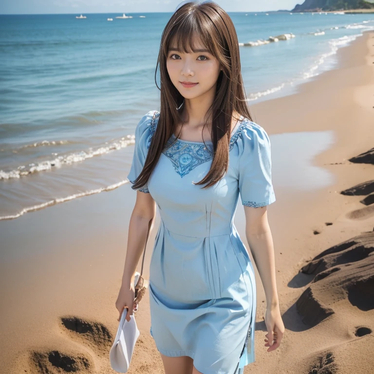 (Full Body Shot:1.0), (panorama:1.8), Cinema Lighting, ((Highest quality)), (RAW Photos, Highest quality), ( Realistic:1.4), realism, masterpiece, Very delicate and beautiful, Very detailed, 4k wallpaper, wonderful, finely, Very detailed CG unity 8k wallpaper, Very detailed, High resolution, Soft Light,Japanese, (one shot:1.9), (21 years old:1.6), (Round face:1.2), (Fat:0.8), Beautiful detailed woman,Famous Japanese actresses, Detailed face, finelyて美しい目, Very detailedな目と顔, Beautiful eyes and a beautifully detailed nose, Ultra HD glossy lips, (Straight Hair:1.4), Shiny Hair, Shiny Hair, Brown Hair, (bangs:1.4), Long, slender legs, Toned body, (Smiling:1.0), Natural Makeup, (Light blue short sleeve dress:1.8), (A very intricate and elaborately decorated dress:1.3), (pumps:1.4), (Midsummer blue sky, Strolling along the sandy beach with a view of the horizon:1.4),