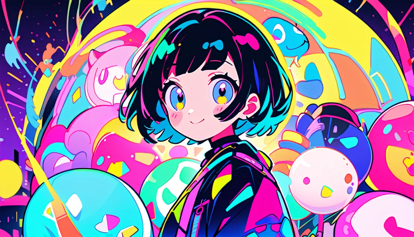 Vibrant art,pop、bright、pastel, 1 female, ライトblueの髪, short hair、Happy,cute, Animation Style, cute, clearly, Colorful cyberpunk、bubblegum pop, cute、ピンクとライトblueをメインカラーに、I'Cheer loudly、 Wearing headphones、tropical, summer、 Blue as the base color、blue、Cool atmosphere、Refreshing、summerっぽい