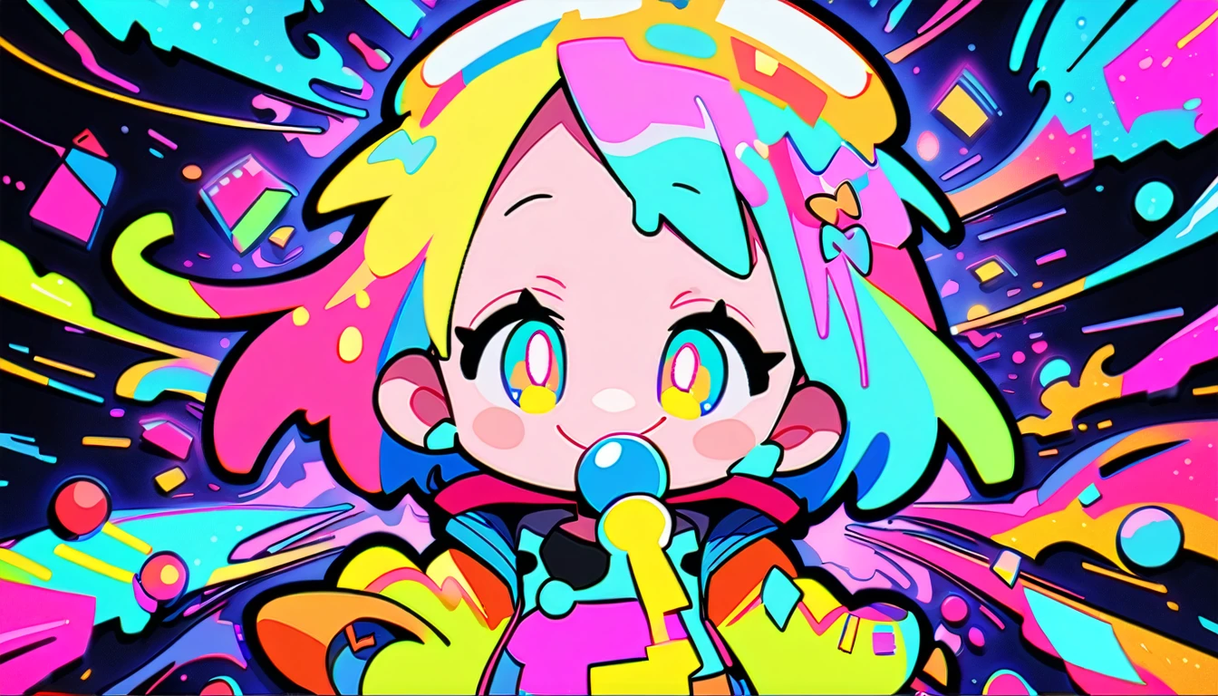 Vibrant art,pop、bright、pastel, 1 female, ライトblueの髪,　short hair、Happy,cute, Animation Style, cute, clearly, Colorful cyberpunk、bubblegum pop, cute、ピンクとライトblueをメインカラーに、I&#39;Cheer loudly、　Wearing headphones、tropical,　summer、　Blue as the base color、blue、Cool atmosphere、Refreshing、summerっぽい
