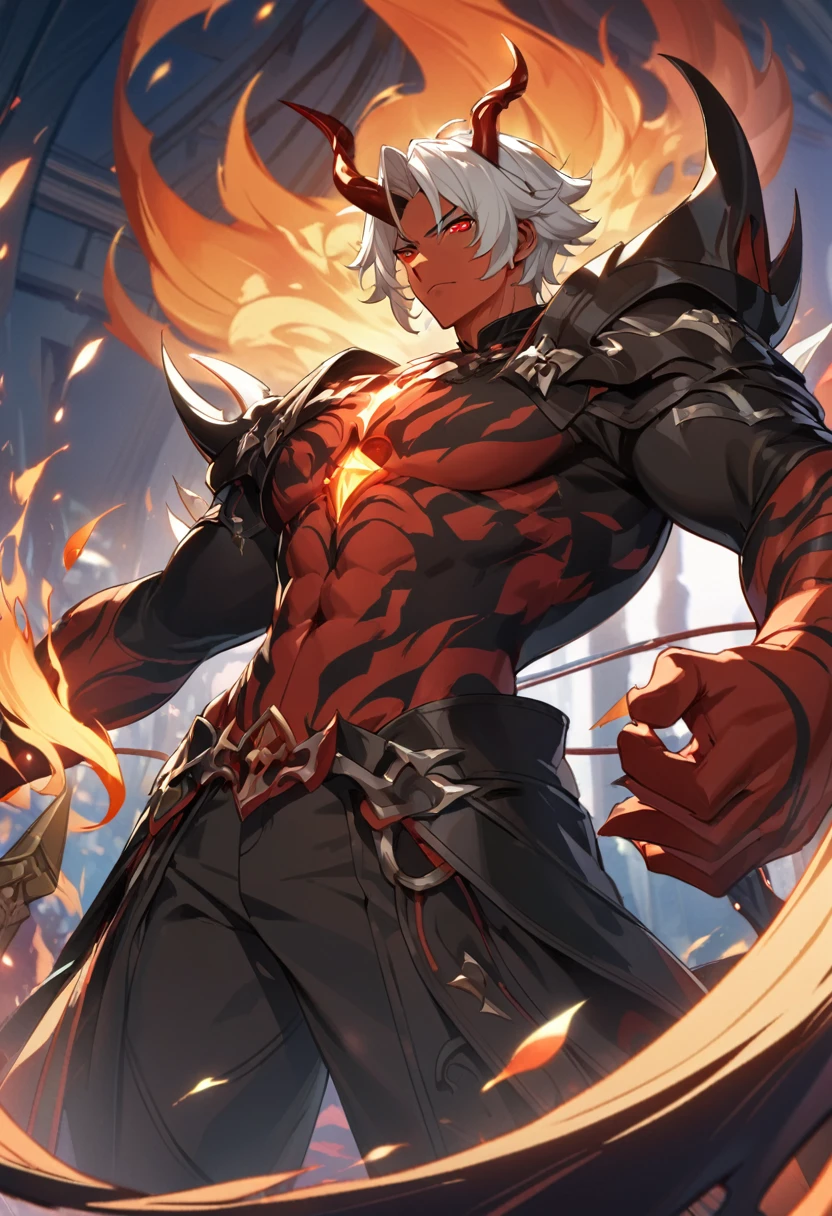 ((solo)), devil race, crown king, red eyes,red skin, white hair, short hair,devil horn, horn, throne king, a close up of a person with a bravesword, in a field of fire, evil spirit aura, big swordman, detailed key anime art, honkai star trail character, casimir art, masamune shiro, masamune, handsome guy in demon slayer art, genshin, heise jinyao, shadowverse style, (no logos), darkness, fire lava powers, evil aura,hell, death, detailed clothes, depth of field, cinematic lighting, ray tracing, UHD, high details, best quality, highres, high quality, award winning, super detail, masterpiece, 8k