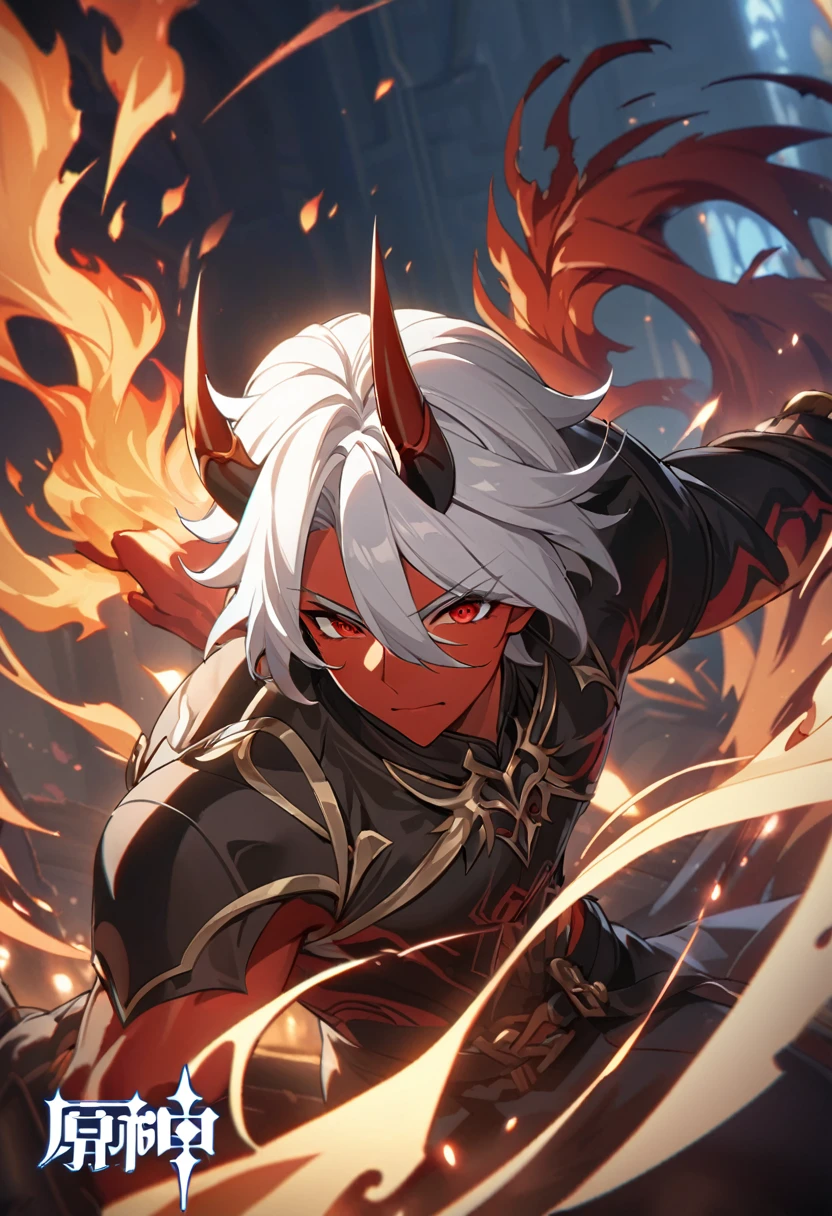 ((solo)), devil race, crown king, red eyes,red skin, white hair, short hair,devil horn, horn, throne king, a close up of a person with a bravesword,  in a field of fire, evil spirit aura, big swordman, detailed key anime art, honkai star trail character, casimir art, masamune shiro, masamune, handsome guy in demon slayer art, genshin, heise jinyao, shadowverse style, (no logos), darkness, fire lava powers, evil aura,hell, death, detailed clothes, depth of field, cinematic lighting, ray tracing, UHD, high details, best quality, highres, high quality, award winning, super detail, masterpiece, 8k
