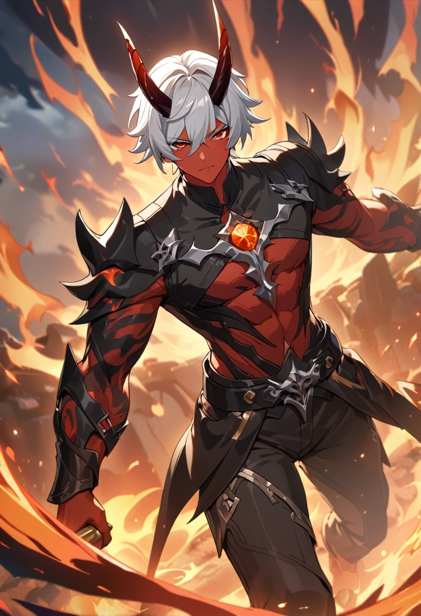 ((solo)), devil race, crown king, red eyes,red skin, white hair, short hair,devil horn, horn, throne king, a close up of a person with a bravesword,  in a field of fire, evil spirit aura, big swordman, detailed key anime art, honkai star trail character, casimir art, masamune shiro, masamune, handsome guy in demon slayer art, genshin, heise jinyao, shadowverse style, (no logos), darkness, fire lava powers, evil aura,hell, death, detailed clothes, depth of field, cinematic lighting, ray tracing, UHD, high details, best quality, highres, high quality, award winning, super detail, masterpiece, 8k
