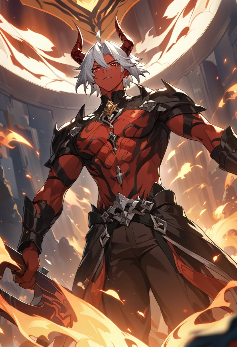 ((solo)), devil race, crown king, red eyes,red skin, white hair, short hair,devil horn, horn, throne king, a close up of a person with a bravesword,  in a field of fire, evil spirit aura, big swordman, detailed key anime art, honkai star trail character, casimir art, masamune shiro, masamune, handsome guy in demon slayer art, genshin, heise jinyao, shadowverse style, (no logos), darkness, fire lava powers, evil aura,hell, death, detailed clothes, depth of field, cinematic lighting, ray tracing, UHD, high details, best quality, highres, high quality, award winning, super detail, masterpiece, 8k
