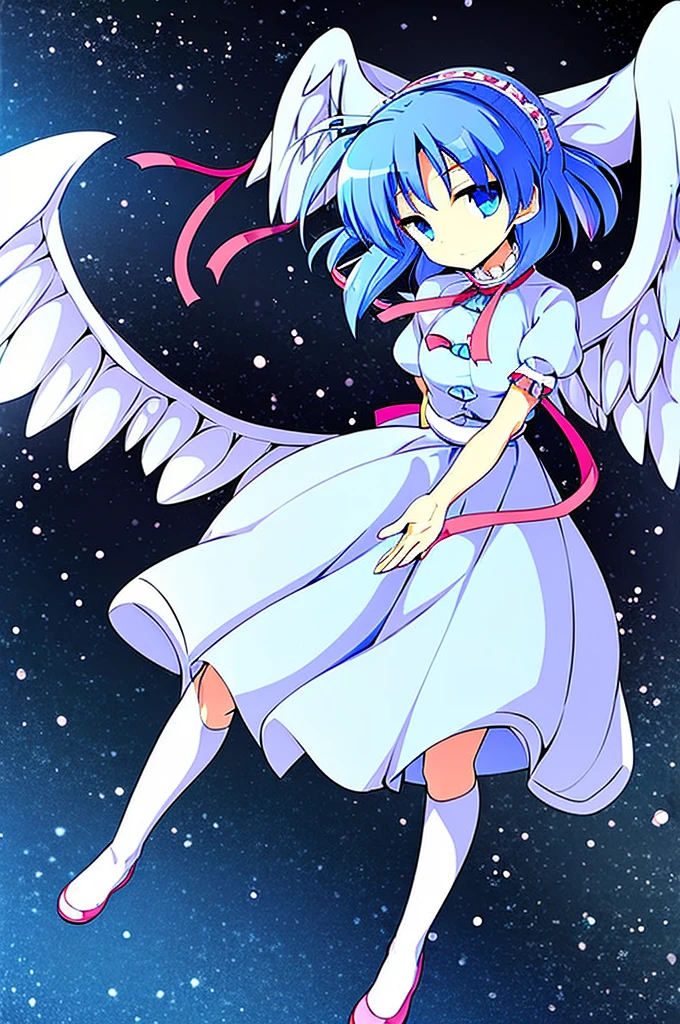 masterpiece, best quality, 1girl, , , , medium blue hair, hair flaps, pink ribbon on head, well-formed face, blue eyes, angel girl, white blouse, puffy short sleeves, red ribbon, angel wings, long white skirt, red shoes, frills, ribbon head