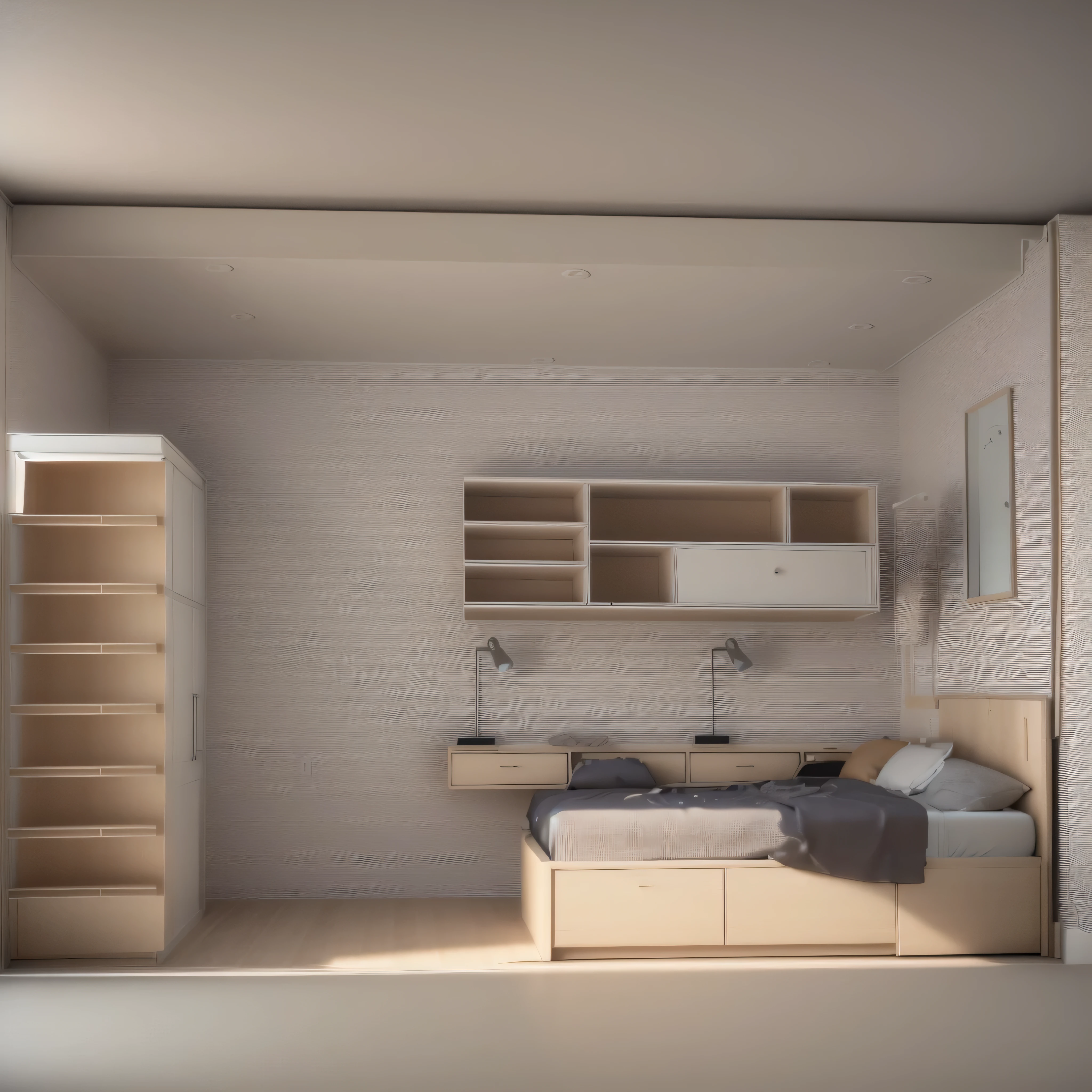 a rendering of a bedroom with a bed and a desk, inside of a bedroom, bedroom background, sketch - up, vue 3d render, 3 d perspective, 3d-render, dim bedroom, small bedroom, bed room, bed on the right, render 3 d, 3 / 4 view, 3/4 view, 3 d point perspective, 3d rendering