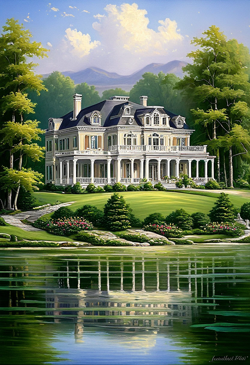 a detailed romantic era style lakeside mansion painting
