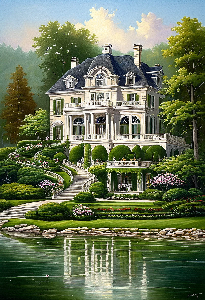 a detailed romantic era style lakeside mansion painting