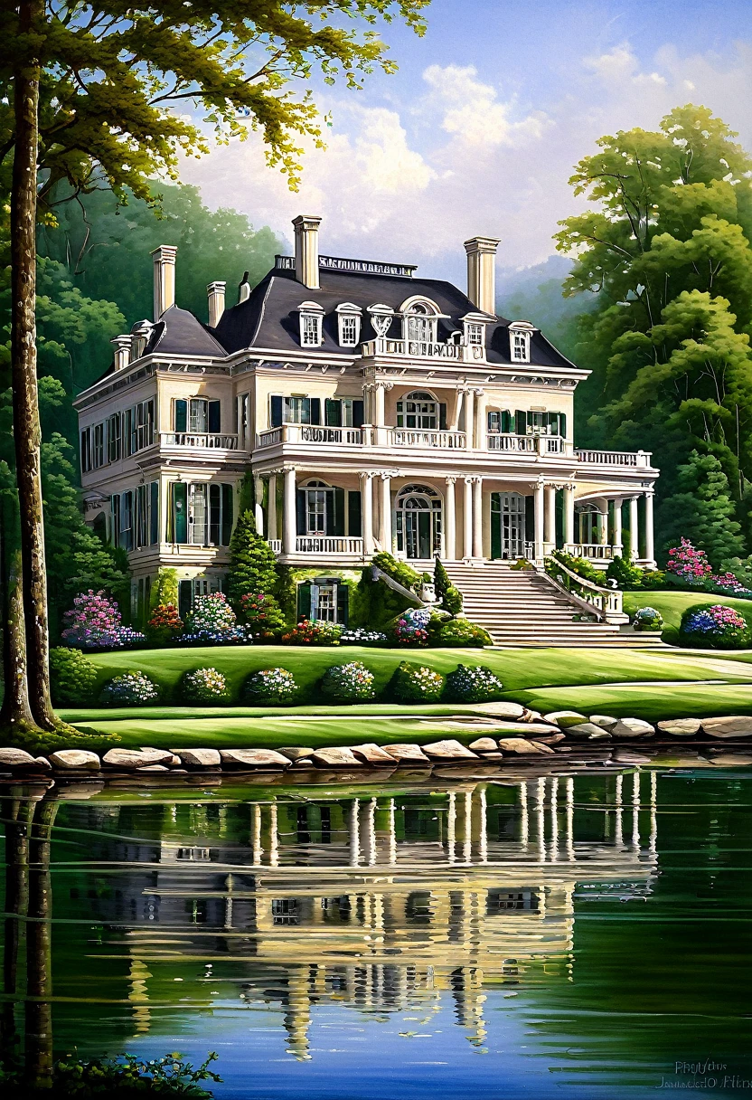 a detailed romantic era style lakeside mansion painting