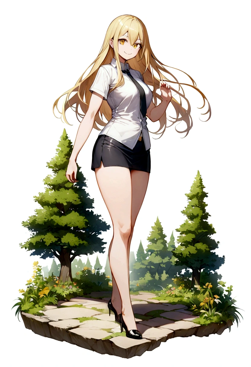 Blonde、long hair、upright stance、full body、Fighter、Belly out、American、Short skirt、shirt、tie、front、Short sleeve、woman、Tree Eyes、White background、Simple Background、smile、tall、Honeyhair、Belly out