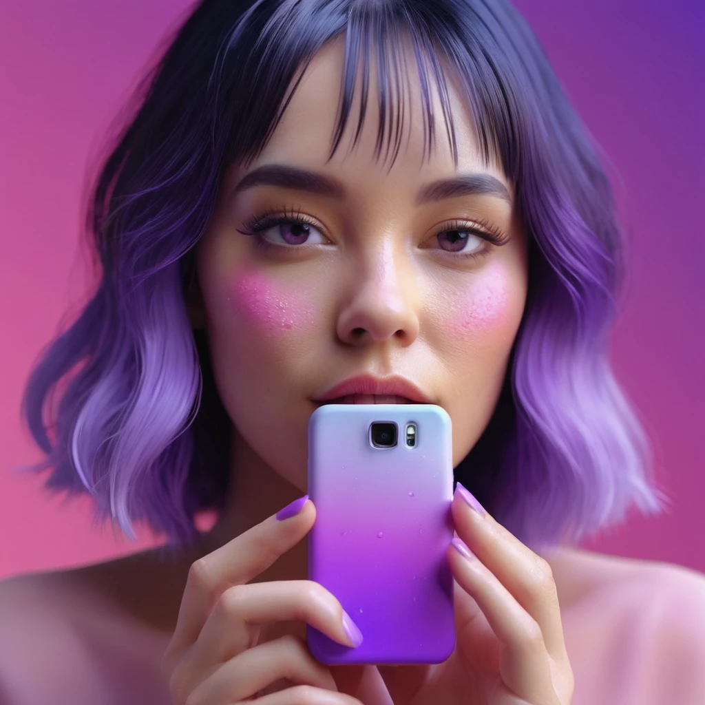 woman holds smartphone in her hand, naked european woman holding a dildo and smartphone that is glowing with pink and purple colours, in front of blackhair man, we can see their face close, closeup, minimalistic, in a light purple and pink style, with soft edges and blurred details, in the toycore style, with a 3D render, on a colorful background, with a minimalist stage design, in a surreal style, with a cinema4D rendering, with a minimalist style, with low saturation, using gradient colors, with a cinema4D rendering, with a blender rendering, with super detail, at a super high resolution, at a super high definition
