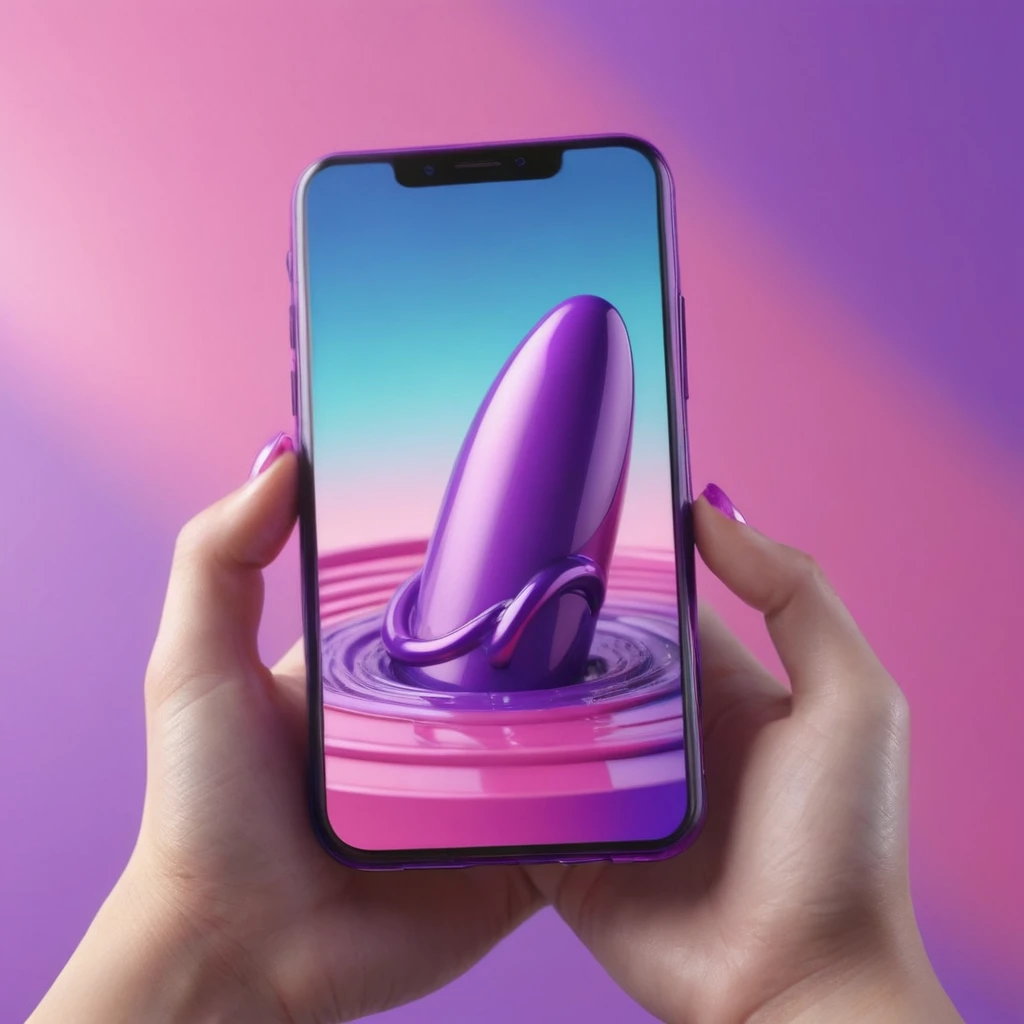 smartphone in her hand, blackhair female hands holding dildo to her face, that is glowing with pink and purple colours, dripping wet, closeup macro photo, minimalistic, in a light purple and pink style, with soft edges and blurred details, in the toycore style, with a 3D render, on a colorful background, with a minimalist stage design, in a surreal style, with a cinema4D rendering, with a minimalist style, with low saturation, using gradient colors, with a cinema4D rendering, with a blender rendering, with super detail, at a super high resolution, at a super high definition
