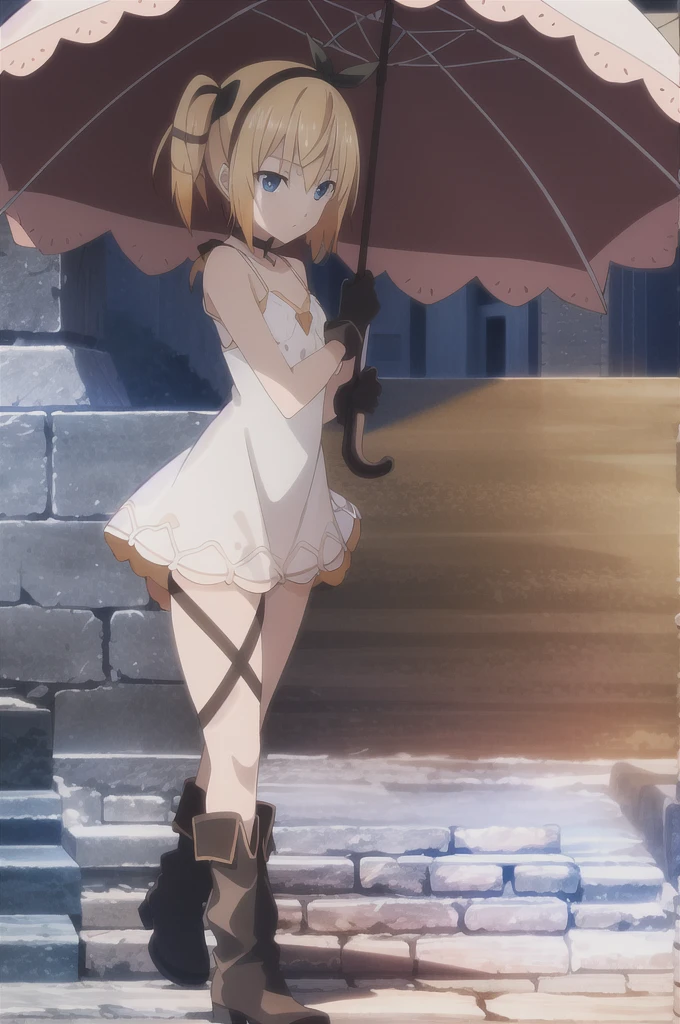 ((masterpiece)),((Highest quality)),Very detailed,Consciousness upward,Explicit,beautiful body,beautiful Nose,beautiful character design,Perfect Eyes,Perfect Face,wallpaper,Ultra-high resolution,4K,photograph,(beautiful,Small breasts:1.2),(beautiful顔:1.2),beautiful足,Perfect Legs,Shiny skin,Official Style,Browsing Caution,Official Art,Create a screen capture,Anime Coloring,
One Girl,alone,umbrella,blonde,short hair,choker,Side Ponytail,ribbon,blue eyes,black choker,gloves,leg ribbon,片手gloves,hair band,whole body,hair ribbon,dress,View your audience,tress ribbon,boots,Are standing,white dress,skirt,clavicle,Beach,Outdoor,Day,