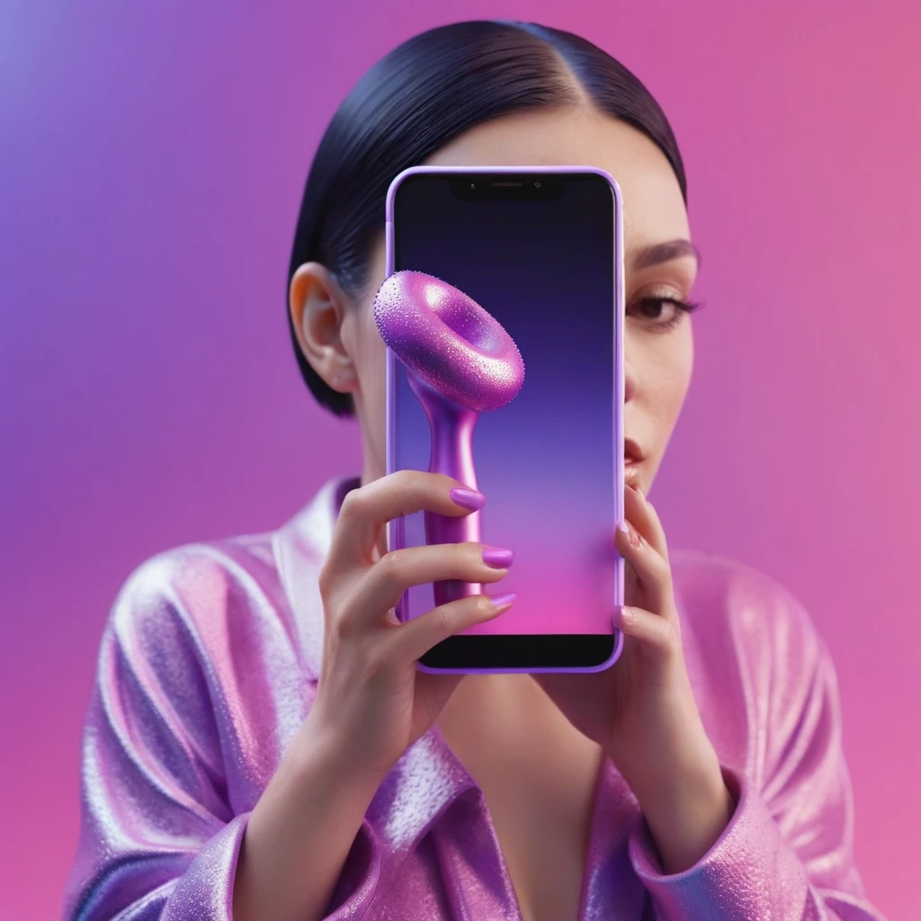 smartphone in her hand, blackhair female hands holding ????? to her face, that is glowing with pink and purple colours, dripping wet, closeup macro photo, minimalistic, in a light purple and pink style, with soft edges and blurred details, in the toycore style, with a 3D render, on a colorful background, with a minimalist stage design, in a surreal style, with a cinema4D rendering, with a minimalist style, with low saturation, using gradient colors, with a cinema4D rendering, with a blender rendering, with super detail, at a super high resolution, at a super high definition
