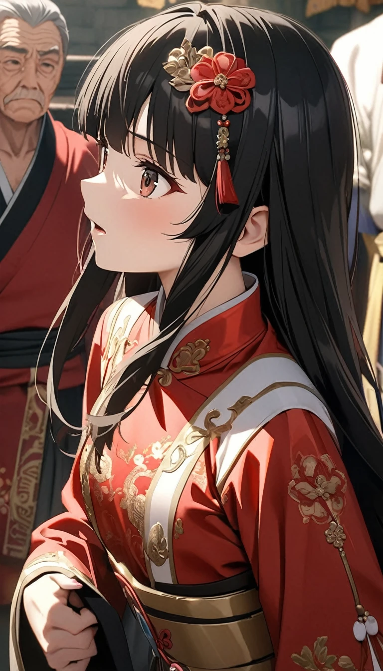 A tragic historical drama in 8k live-action style: Beautiful palace secrets　Beautiful  Chinese Kung Fu girl princess with long black hair　Gorgeous embroidery, Ultra glossy, She is wearing shiny red long sleeve floral pajamas....　She inserts old man&#39;s penis into her nipples