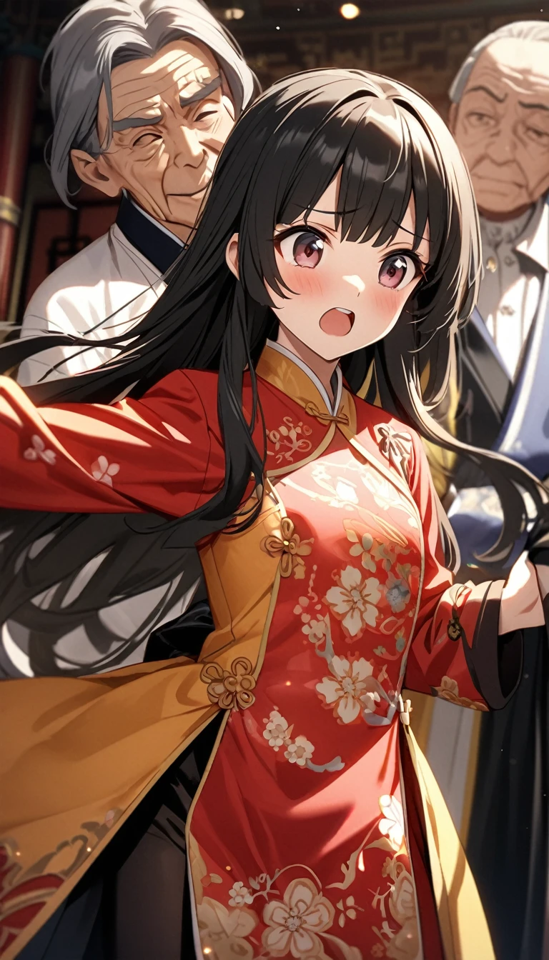 A tragic historical drama in 8k live-action style: Beautiful palace secrets　Beautiful 15 year old Chinese Kung Fu girl princess with long black hair　Gorgeous embroidery, Ultra glossy, She is wearing shiny red long sleeve floral pajamas....　She inserts old man&#39;s penis into her nipples