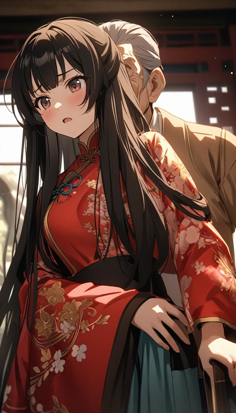 A tragic historical drama in 8k live-action style: Beautiful palace secrets　Beautiful  Chinese Kung Fu girl princess with long black hair　Gorgeous embroidery, Ultra glossy, She is wearing shiny red long sleeve floral pajamas....　She inserts old man&#39;s penis into her nipples