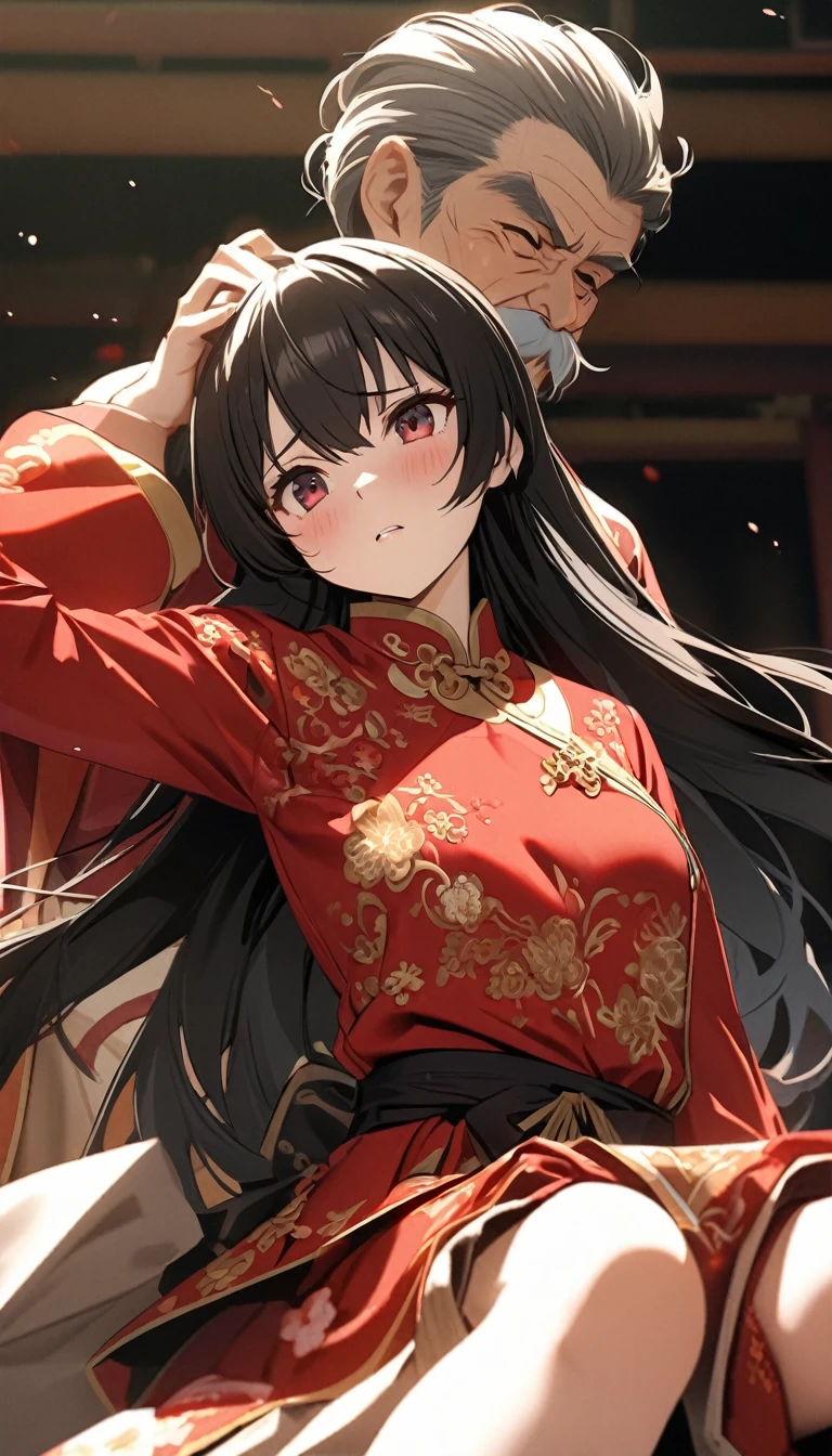 A tragic historical drama in 8k live-action style: Beautiful palace secrets　Beautiful 15 year old Chinese Kung Fu girl princess with long black hair　Gorgeous embroidery, Ultra glossy, She is wearing shiny red long sleeve floral pajamas....　She inserts old man&#39;s penis into her nipples