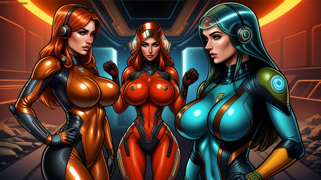 girls on Mars, amazons, body suit, futuristic space suit, boob window, bubble helmet