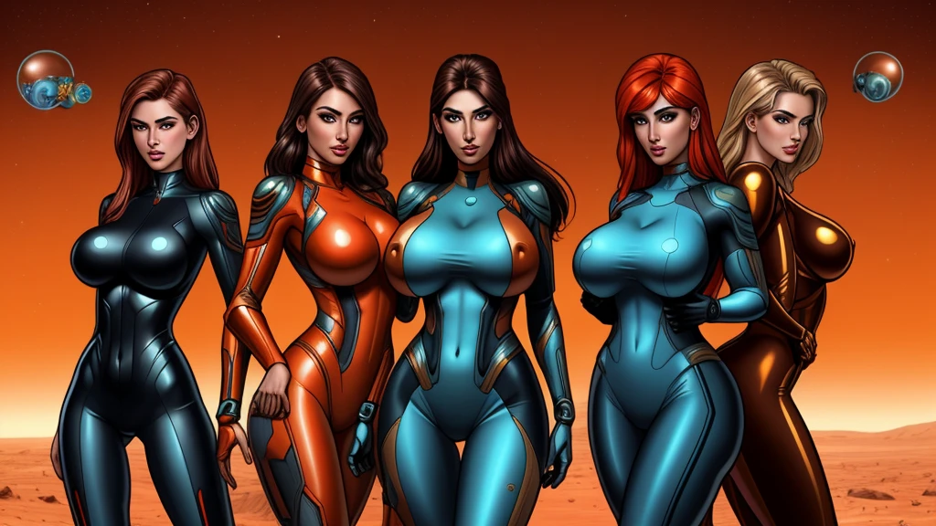 girls on Mars, amazons, body suit, futuristic space suit, boob window, bubble helmet