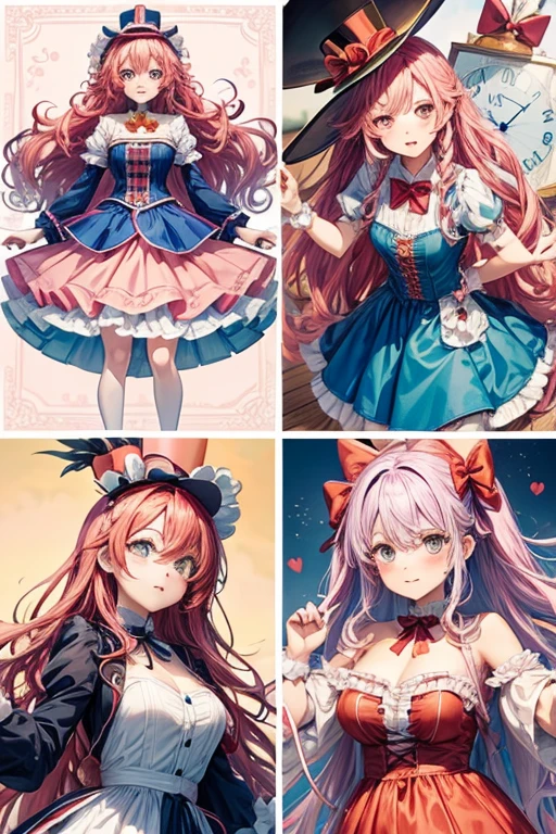 Make me an anime girl with curly pink and blue hair, with clock spring eyes, wonderland style, big black and red queen of heart dress, with a big red bow, and a mad hatter’s hat with duck sticking out of the hat, and a big wing, colorful dress, reference sheet back and front view