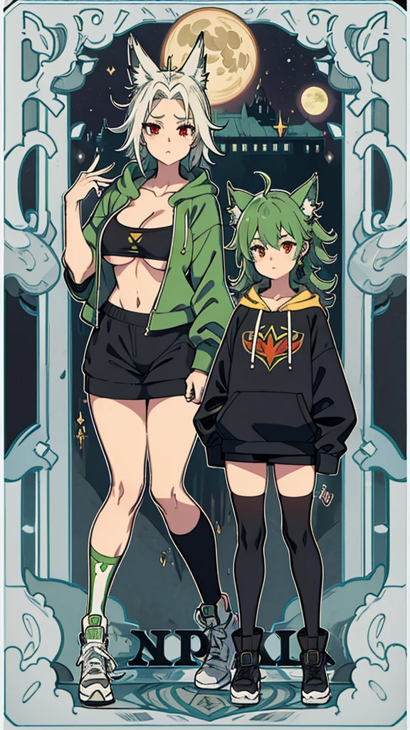 Croped, cleavage, slim waist, cropped hoodie underboob, cropped hoodieunderboobhoodie, 1 girl, 2 wolf ears, wolf tail, marijuana crop hoodie, crop shorts, marijuana hoodie, spiky hair, spiky fur, green hair, red eyes,marijuana field, tight clothes, perfect eyes, perfect hands, clear resolution, full body, cleavage skin, marijuana plants, open hoodie, marijuana field, black thigh high socks, full body, earrings, 1girl, skirt, cleavage, slim waist, cleavage, slim waist, hair pulled back, big breast, round butt, slim waist, best quality, thick thighs, D-cup breast, 4k quality, night time, full moon