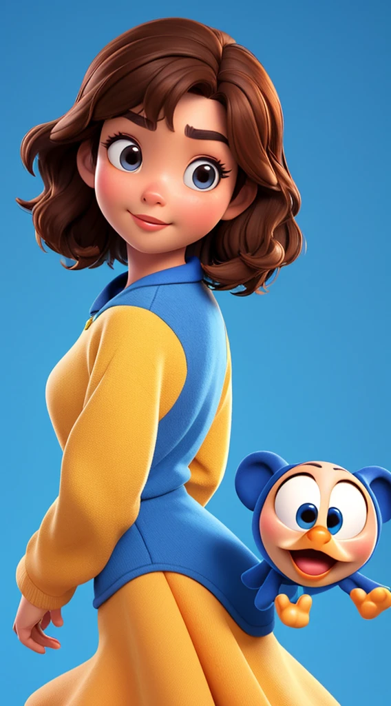 Disney Pixar 3D animation of a woman character, Looking at the audience, Blue Background, Brown hair, Simple background, Shut up, kkw-ph1, 