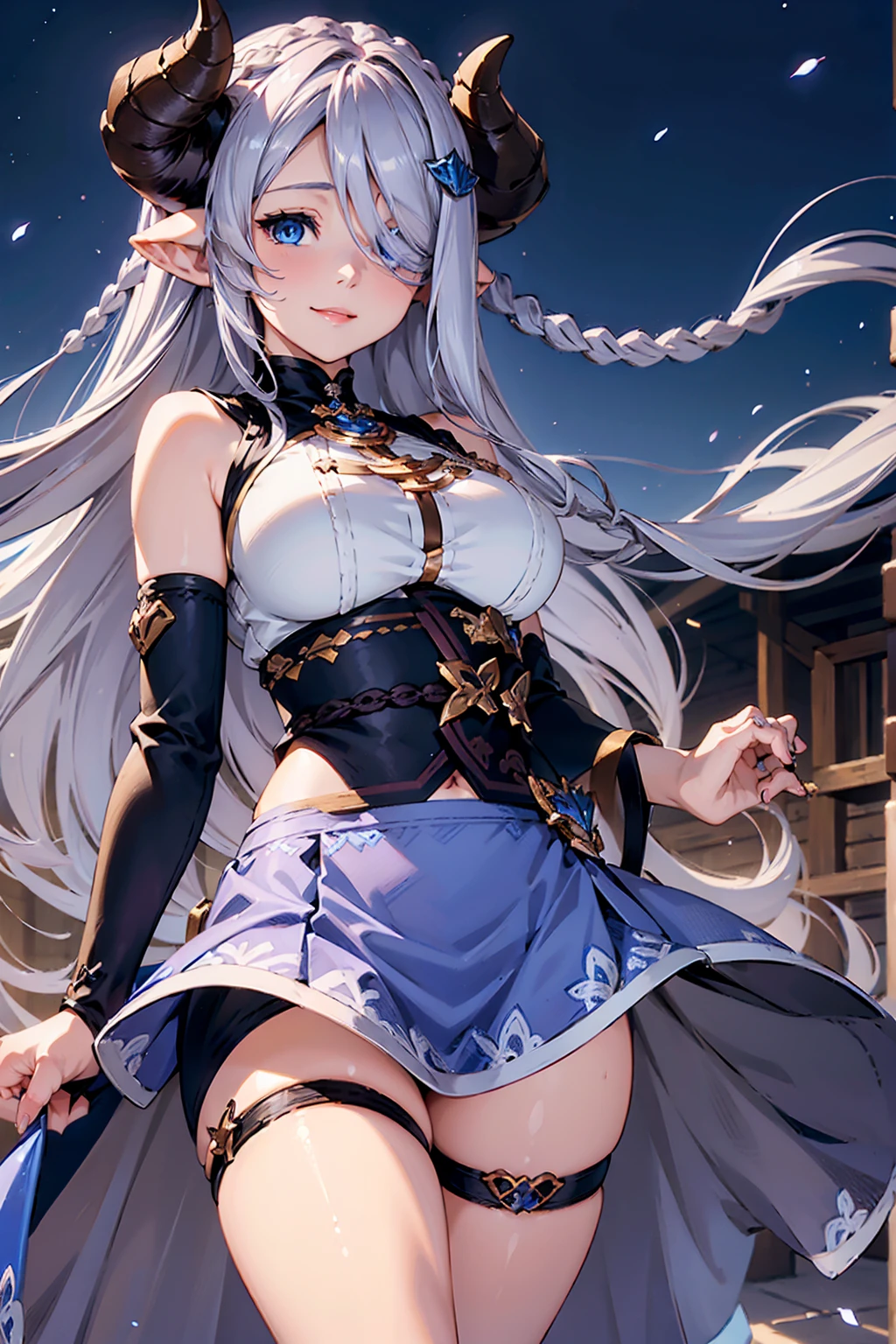 (((1 female))), ((Detailed blue eyes)), ((Silver long hair)), Large Breasts, perfectly drawn body, Narmaya, Charming smile, mini skirt, best quality, masterpiece, Extremely detailed