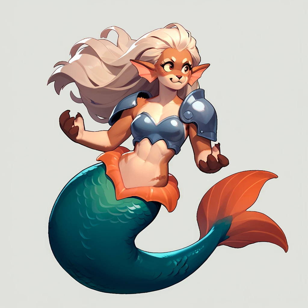 full body view of a furry mermaid, furry animal, female, long hair, red and white color, having steel shoulder pads