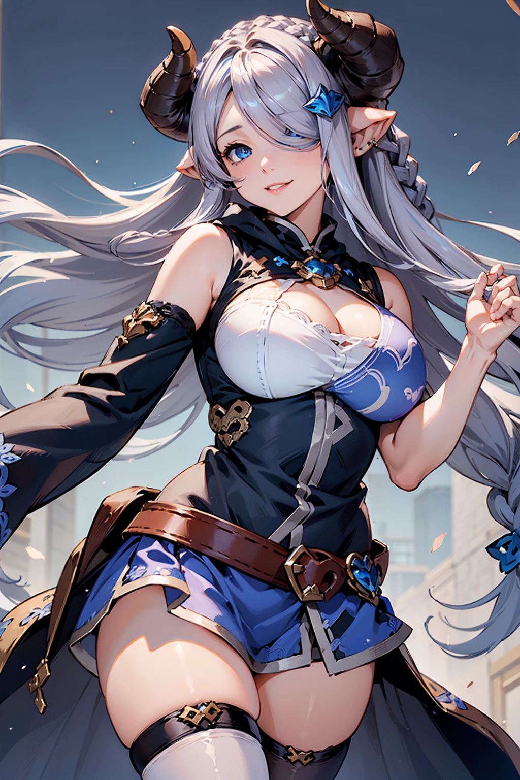 (((1 female))), ((Detailed blue eyes)), ((Silver long hair)), Large Breasts, perfectly drawn body, Narmaya, Charming smile, mini skirt, best quality, masterpiece, Extremely detailed