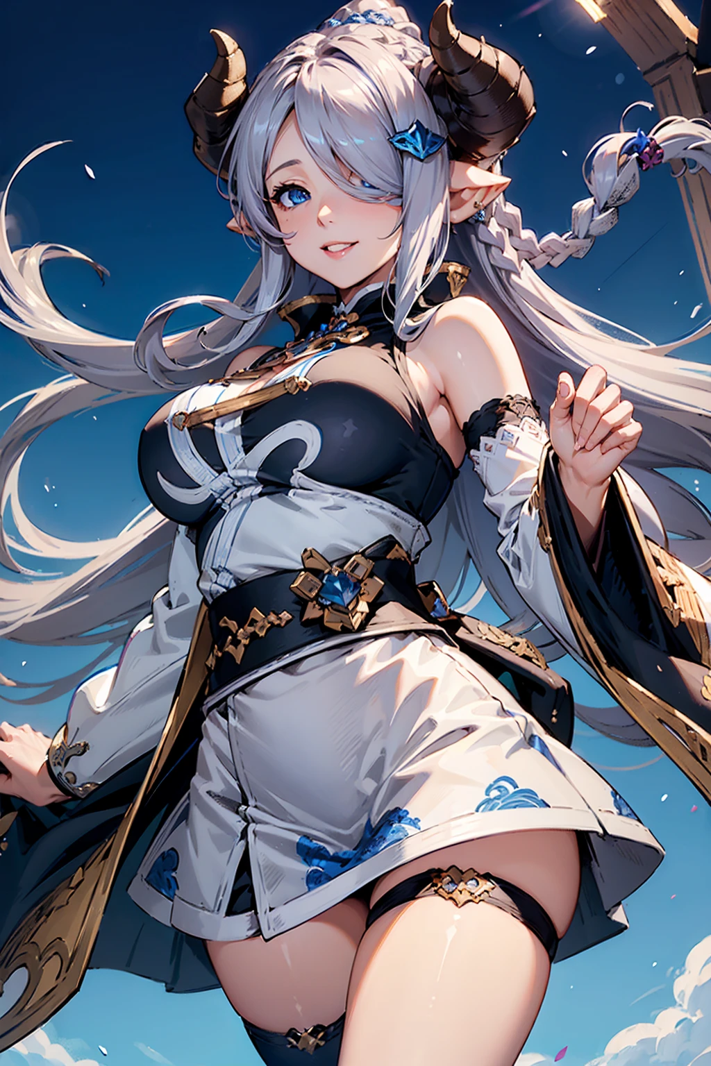 (((1 female))), ((Detailed blue eyes)), ((Silver long hair)), Large Breasts, perfectly drawn body, Narmaya, Charming smile, mini skirt, best quality, masterpiece, Extremely detailed